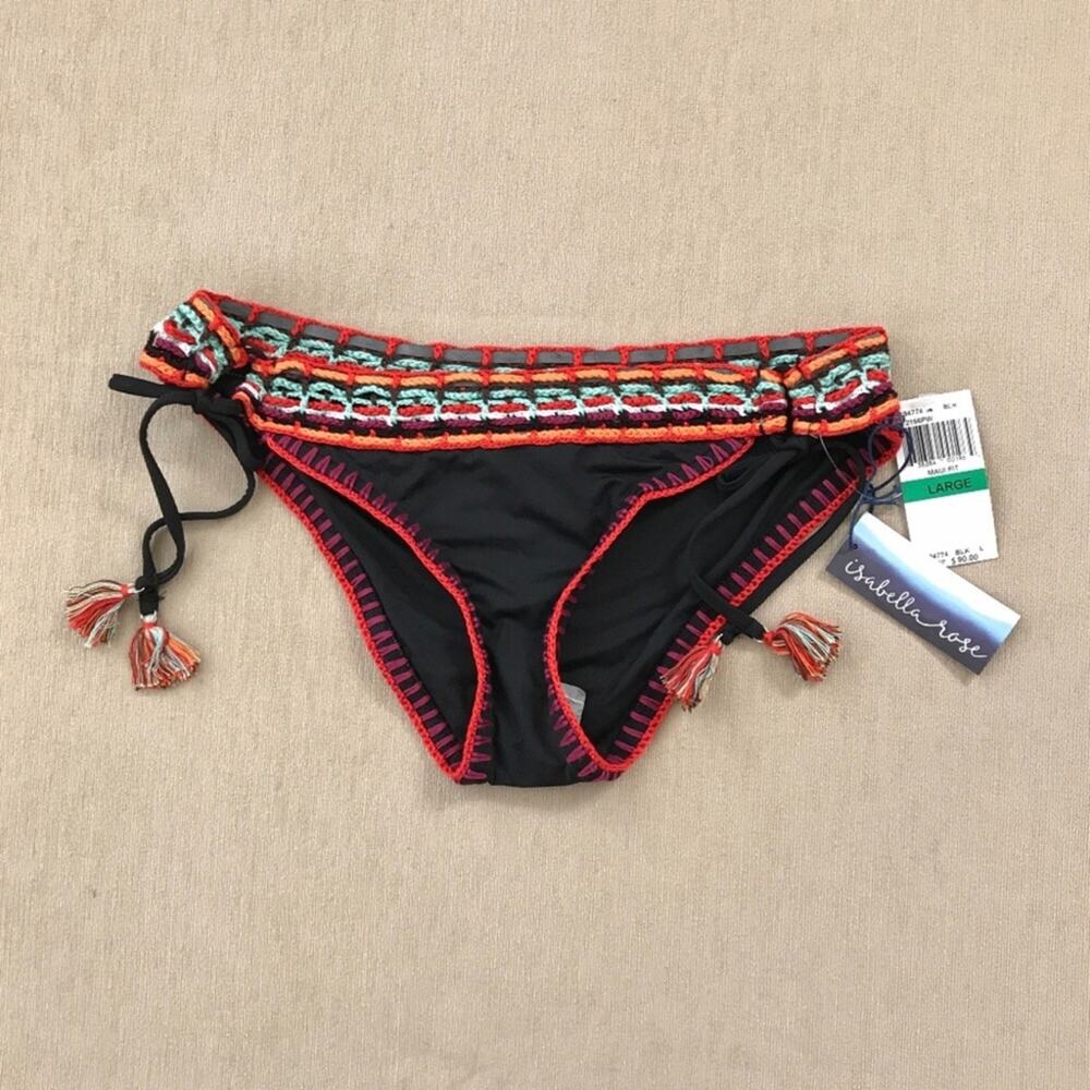 Isabella Rose NWT Swim Bikini Bottom Black Bohemian Bali Loop Tie Side - Picture 3 of 8